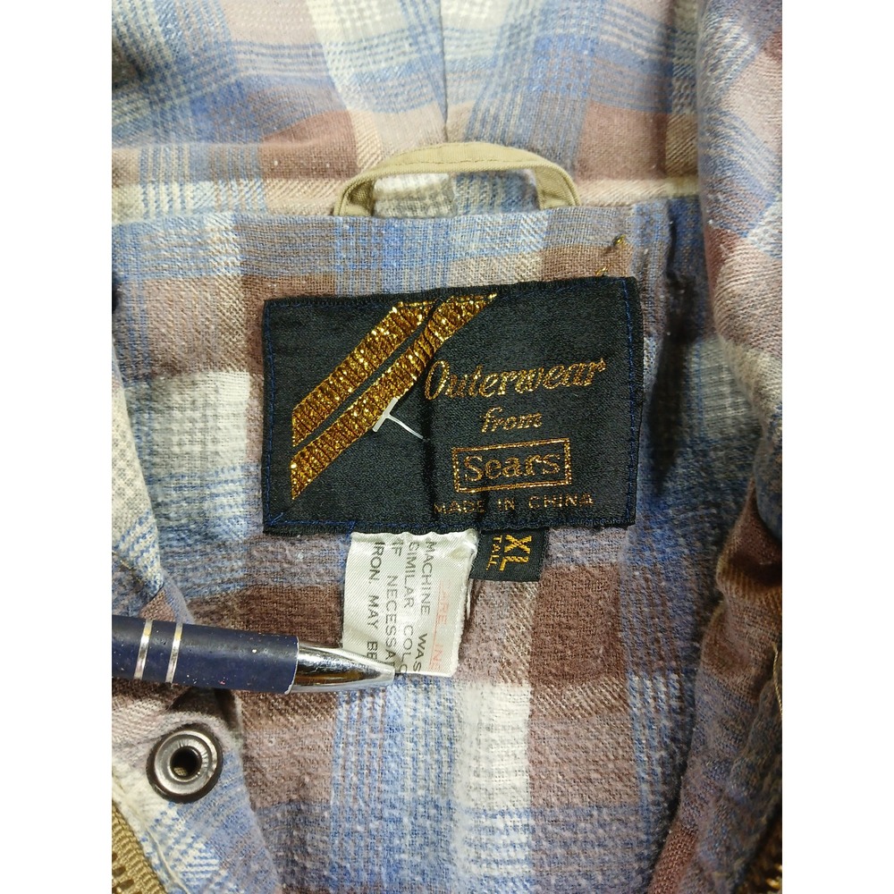 Vintage Sears Outerwear Tan Khaki Hooded Field Jacket Plaid Lined XL Tall - Picture 2 of 7